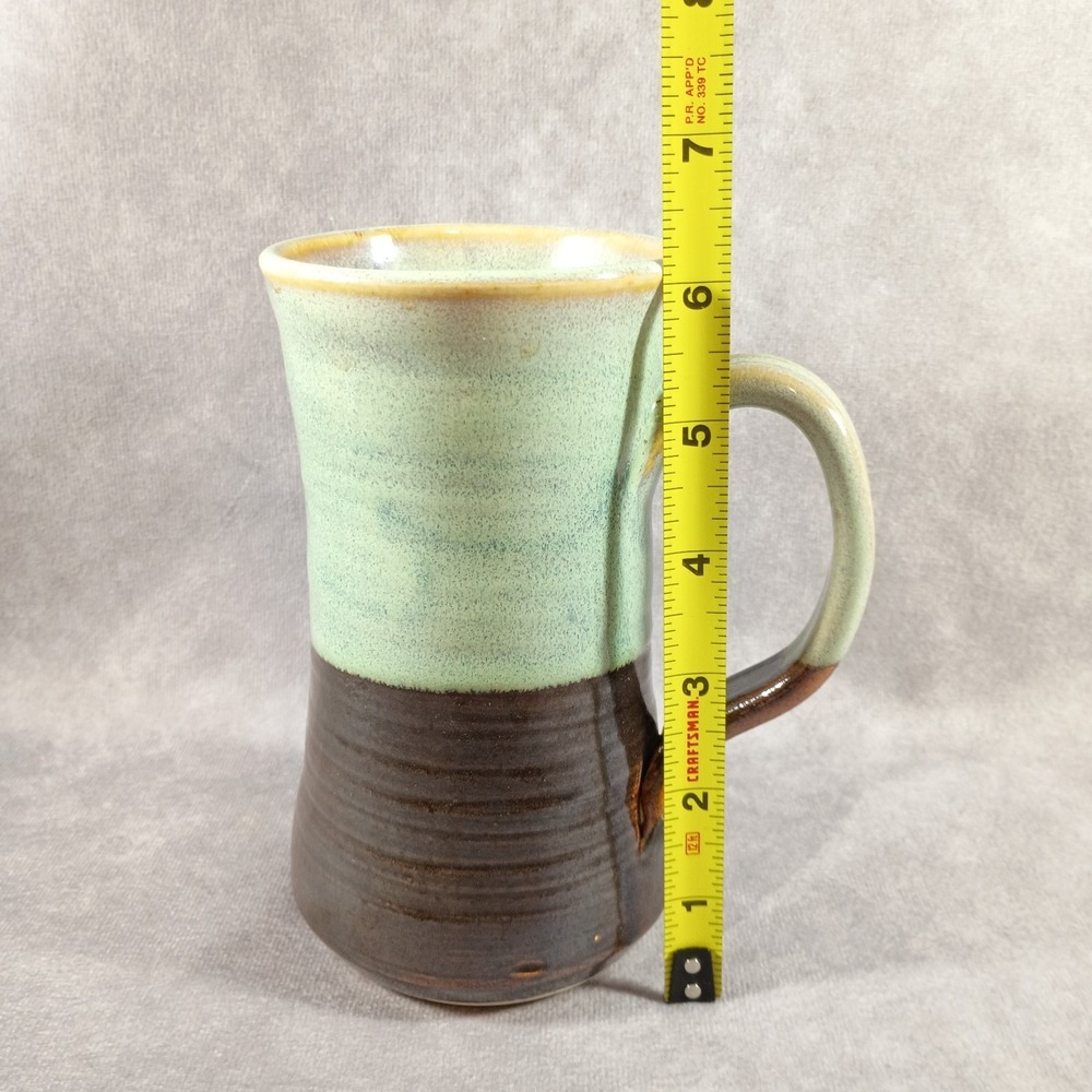 Hand Thrown Studio Art Pottery Mug Celedon & Brown Glazed 16oz Signed 6" Tall - Picture 8 of 9